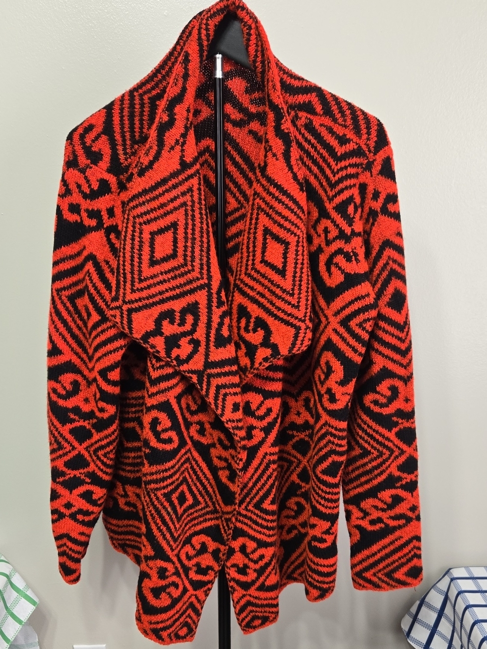 Red and Black Geometric Open-Front Cardigan Sweater